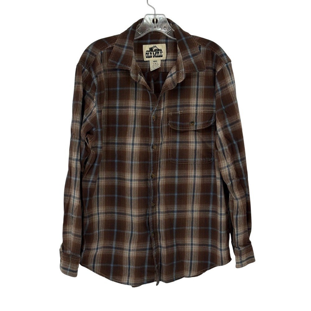 Old Mill Button Up Shirt Brown Blue Plaid Cotton Blend Mens Size M